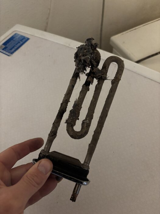 Sliten och luddig värmare från en tvättmaskin, hålls i handen mot en ljus bakgrund.