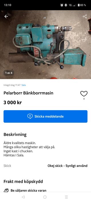 Äldre bänkpelarborrmaskin i grönt med flera hastighetsalternativ, säljes för 3 000 kr. Synligt använd och kan hämtas i Sala.