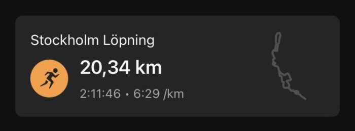 Löpningsstatistik med sträcka 20,34 km i Stockholm. Tid: 2 timmar, 11 minuter, 46 sekunder. Tempo: 6:29 per km. Visar löprutt som karta.
