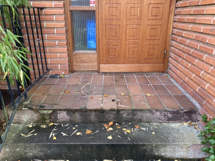 Utvändig trappa med tegelgolv och löv, framför en träytterdörr och tegelvägg, behov av renovering med Höganäsklinkers.