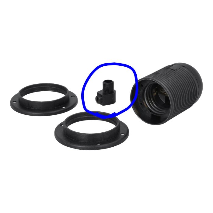 Svart lamphållare med tre delar, en liten plastdel inringad i blått.