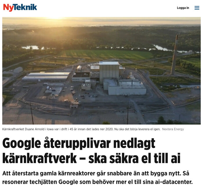 Flygbild av Duane Arnold kärnkraftverk i Iowa, USA, återuppväcks av Google för att säkerställa elförsörjning till AI-datacenter.