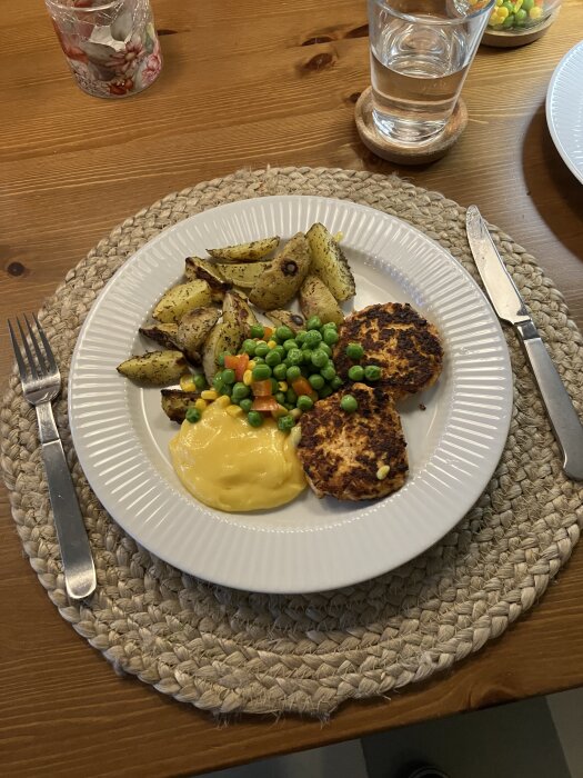 Tallrik med laxburgare, ugnspotatis, ärter, majs, paprika och en klick hollandaisesås på matbord.