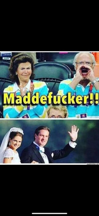 Två bilder: Överst hejar en man och en kvinna på en arena, texten "Maddefucker". Nederst brudpar som vinkar, bruden i slöja och klänning.