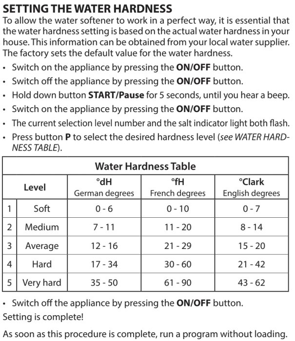 Instruktioner för inställning av vattenhårdhet och en tabell för olika nivåer av vattenhårdhet i tyska, franska och engelska grader.