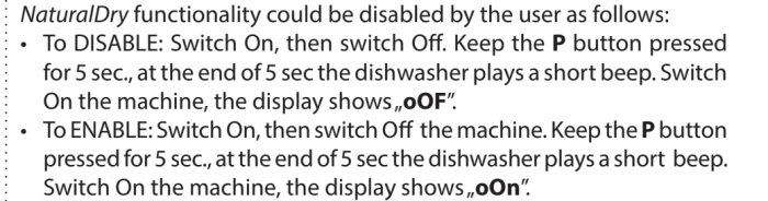 Instruktioner för att aktivera eller avaktivera diskmaskinens NaturalDry-funktionalitet via knapptryckningar.