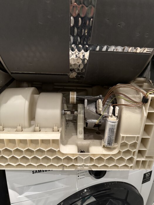 Inuti kondenstumlare med trumma, drivrem placerad framför vitt plasthjul och kopplingar synliga, del av Bosch eller Samsung maskin.