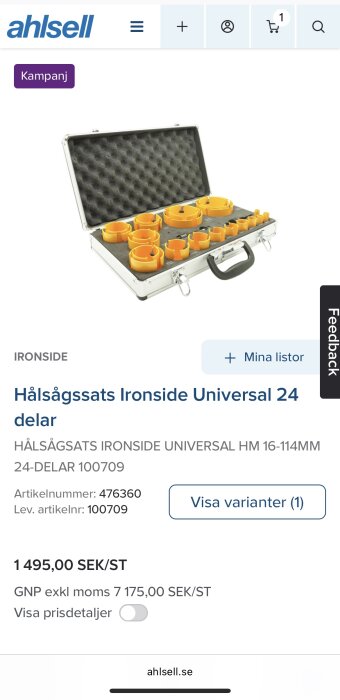 Hålsågsats Ironside Universal 24 delar i en öppen verktygslåda med orange sågar från Ahlsell, visa och kampanjdetaljer.