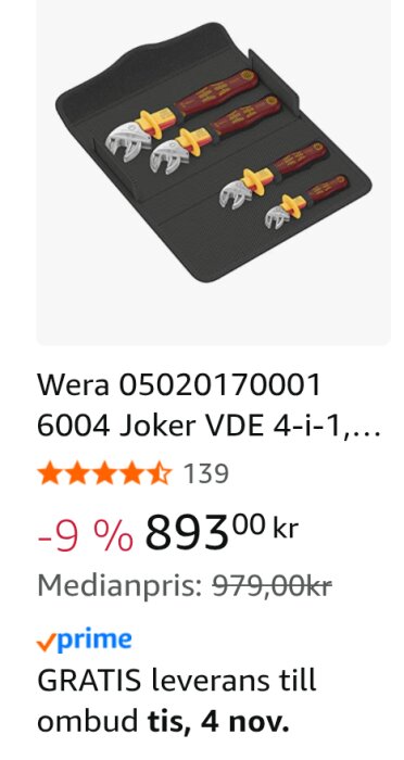 Wera Joker 6004 VDE set, självjusterande skiftnycklar i ett fodral, visade med pris och rabattdetaljer från Amazon.