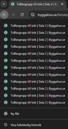Kromhistorik med flera poster för "Tvåfasgrupp till kök" från Byggahus.se, sida 2.