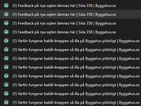 Lista med diskussionstrådar på Byggahus.se, inklusive 'Feedback på nya sajten' och 'Varför fungerar bakåt-knappen så illa på Byggahus plötsligt'.