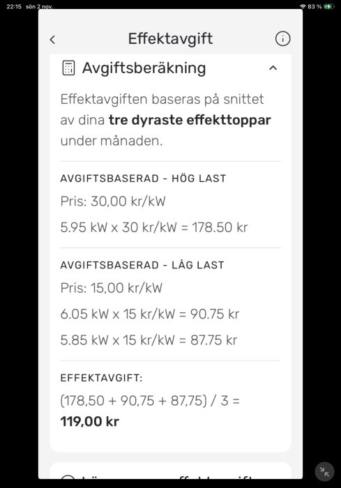 Uträkning av effektavgift med höglastpris 30 kr/kW och låglastpris 15 kr/kW. Totalt 119 kr för tre dyra effekttoppar.