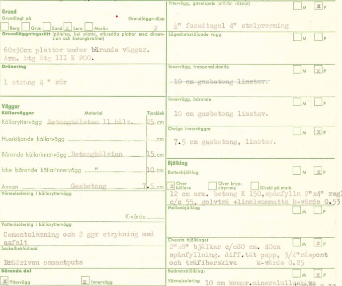 En skiss över byggnadskonstruktionen för ett källarhus med information om bärande och icke-bärande innerväggar samt användning av olika material.