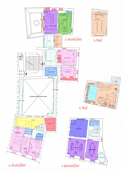 Planritning av ett hus med markplan och två våningar, inklusive garage, kök, sovrum, badrum, vardagsrum, terrass och poolområde.