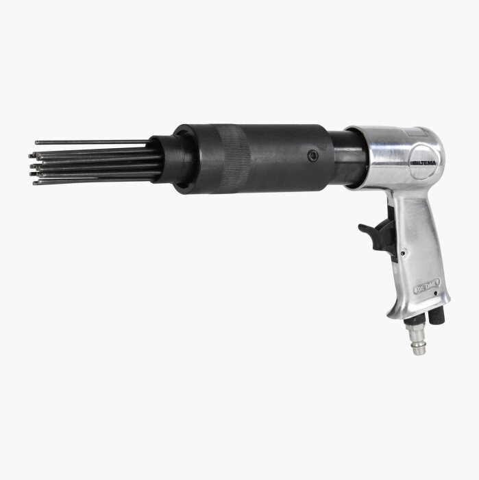 Nålhammare från Biltema med metallhandtag och svarta nålar, använd för att ta bort gravrost.