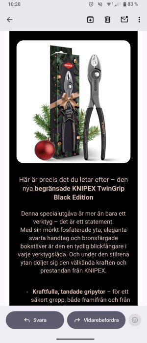 Begränsad specialutgåva av KNIPEX TwinGrip Black Edition, avbildad med förpackning prydd med juldekorationer och text: "Season's Greetings Edition".