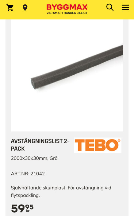 Självhäftande avstängningslist i skumplast från TEBO, grå färg, använd för flytspackling.