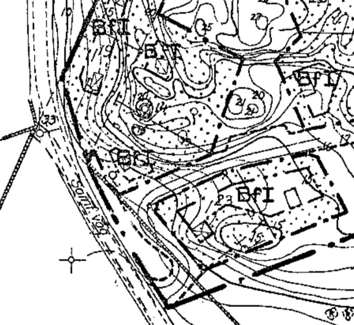 Karta över detaljplan från 1959 med angivna väg- och markområden, samt noteringar kring servitut och byggnadsgränser.