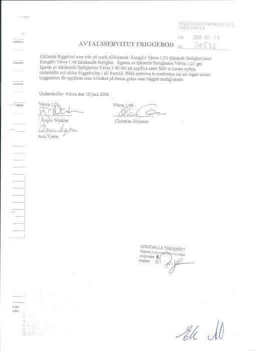 Avtalsservitut om friggebod mellan fastigheter Våvra 1:21 och 1:46, med underskrifter från 2006 och stämplat av Uddevalla tingsrätt.