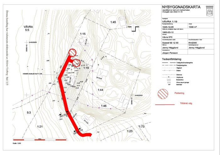 Karta över planerad väg och officialservitut, med rödmarkerad väg och kartinformation över Vävraområdet.