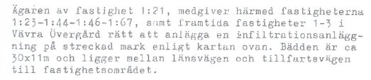 Textdokument som ger tillstånd för infiltration på specificerad mark mellan länsväg och tillfart i Västra Övergård, med måtten 30x11m.