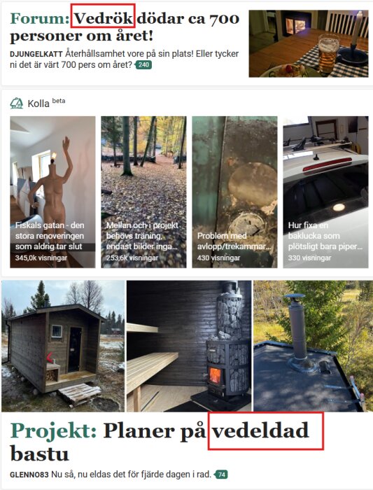 Översikt av olika diskussionstrådar på ett forum, inklusive en bild av en vedeldad bastu och en artikel om vedrökens risker.