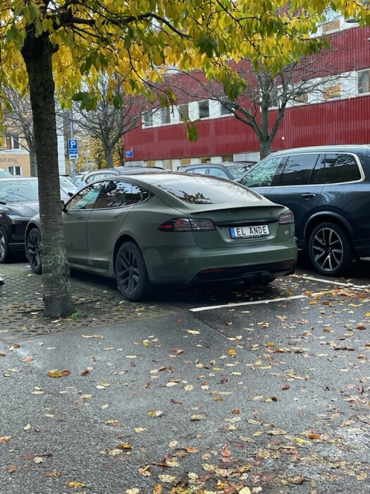 Bil parkerad under ett träd med gula löv, med registreringsskylt "EL ANDE", på en parkeringsplats framför ett rött byggnadskomplex.