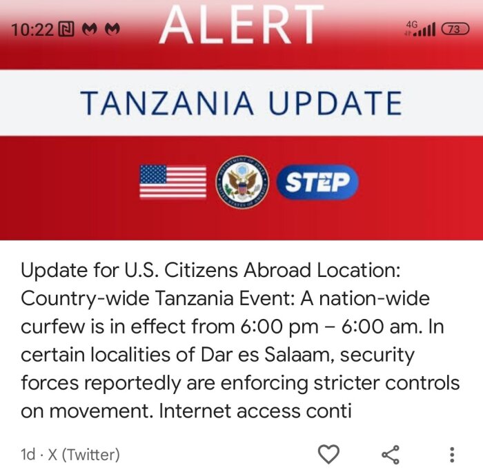 Varning för amerikanska medborgare i Tanzania om nationellt utegångsförbud och striktare säkerhetskontroller i Dar es Salaam.
