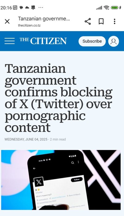 Tanzanian government blocks X (Twitter) over content, screenshot of news article.