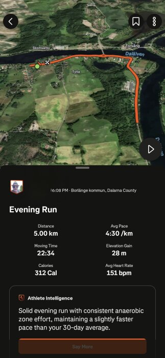 Löprunda i Borlänge, Dalarna på 5 km längs Dalälven. Tid 22:34 min, hastighet 4:30/km, höjd 28 m, kalorier 312, puls 151 bpm. Väl utförd kvällsrunda.