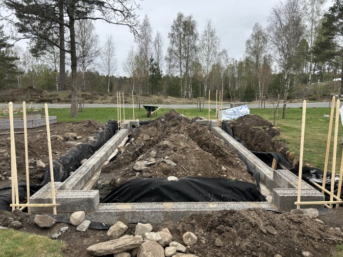 Bygge av växthus med grävt område och uppmurad grund av leca-block, omgiven av jordhögar och trästöd i trädgårdsmiljö.