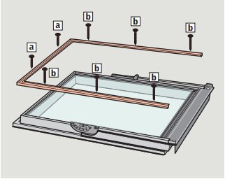 Illustration av ett takfönster med skruvar som ska placeras i glasningslisten för tätning, inkluderar även ram och märkning av skruvplatser.