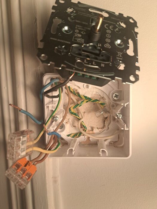 Elektrisk kopplingsdosa med synliga kablar och Wago-klämmor, ena sidan saknas en klämma.