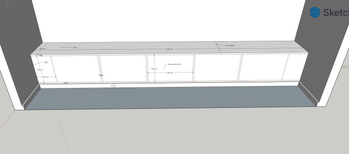 Designritning av platsbyggd TV-bänk, baserad på Ikea-stommar, klädd med MDF, med markerade mått och skarvar.