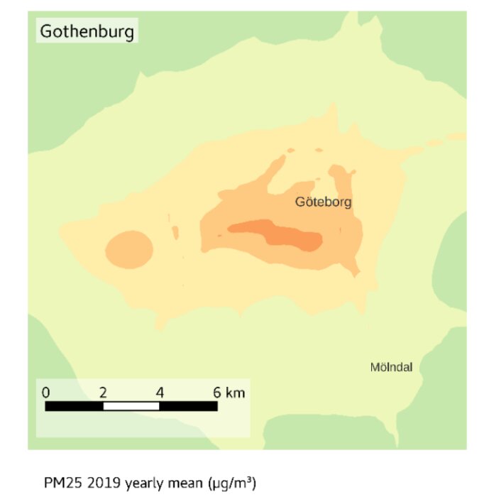 Karta över PM2.5-nivåer i Göteborg med omgivning, med färgindikation av årlig medelhalt 2019, avståndsskala i nedre vänstra hörnet.