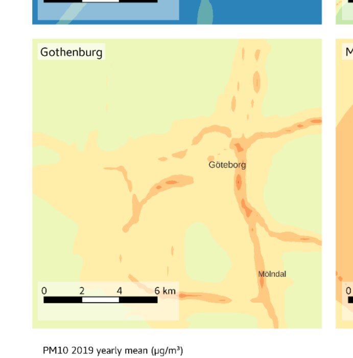 Karta som visar PM10-koncentrationer i och runt Göteborg, med fokus på biltrafikens påverkan.