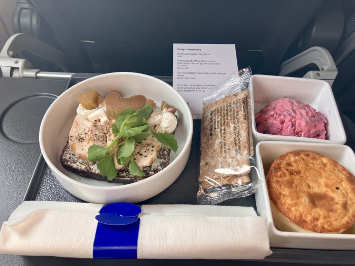 Flygplansmåltid med lax, grönsaker, knäckebröd och rödbetssallad på bricka.