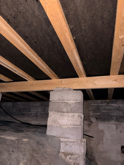 Krypgrund med masonitskivor ovanför, träbjälkar och betongblock synliga, del av en renoveringsdiskussion om isolering och åtgärder.