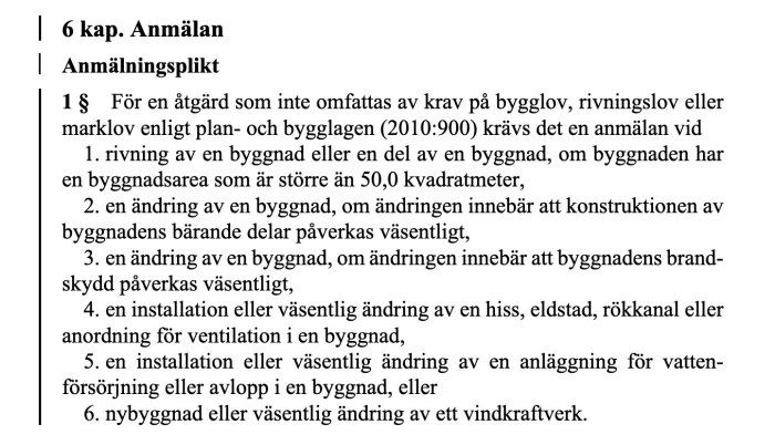 Texten från Plan- och bygglagen (2010:900) som listar krav för anmälningsplikt vid byggåtgärder.