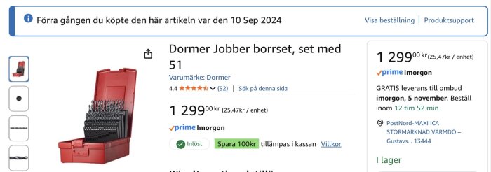 Dormer Jobber borrset med 51 delar visas i röd låda på en onlineproduktlistning.