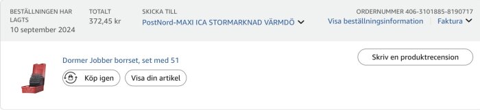 Dormer Jobber borrsats, 51 delar, visas med röd förvaringslåda; beställning lagd 10 september 2024 för 372,45 kr till PostNord Värmdö.