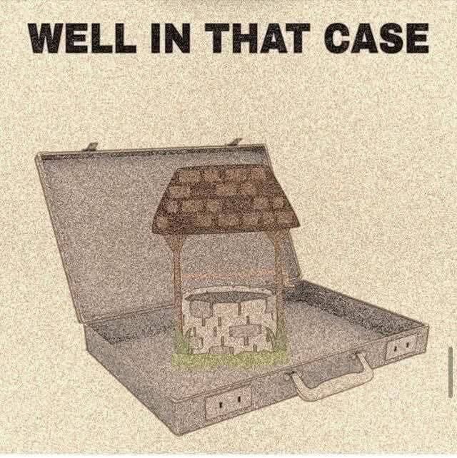 Öppen resväska med en brunn inuti, ordvits med texten "well in that case" ovanför.