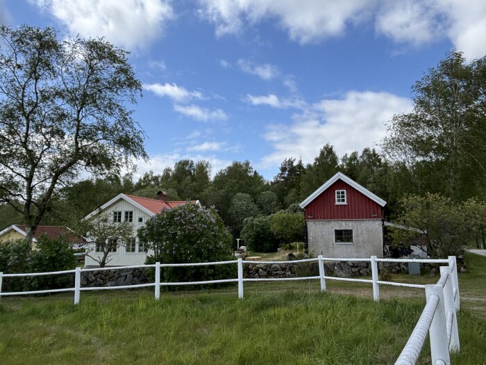 Två hus omgivna av grönska, ett vitt med rött tak och ett rött mindre hus. Staket i förgrunden en solig dag med blå himmel och vita moln.