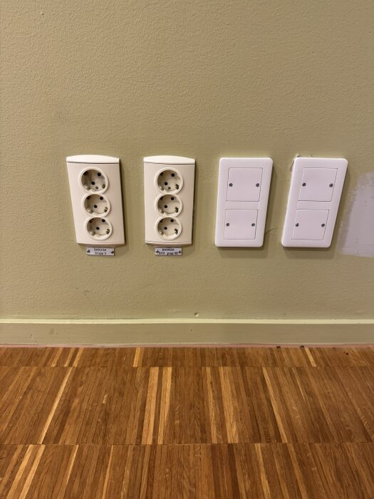 Vägg med fyra eluttag, två trippel-eluttag och två fyrkantiga paneler, eventuellt för dataanslutning, monterade på en grön vägg ovanför trägolv.