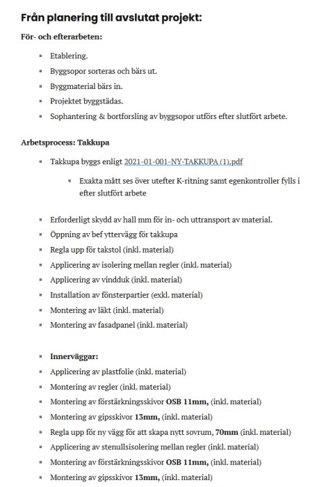 Lista över planerade och avslutade arbetsprocesser för takkupa, inklusive material och steg som isolering och montering av fönsterpartier.