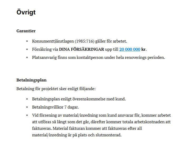 Översikt av garantier och betalningsplan med beaktande av försäkring och Konsumenttjänstlagen för ett renoveringsprojekt.
