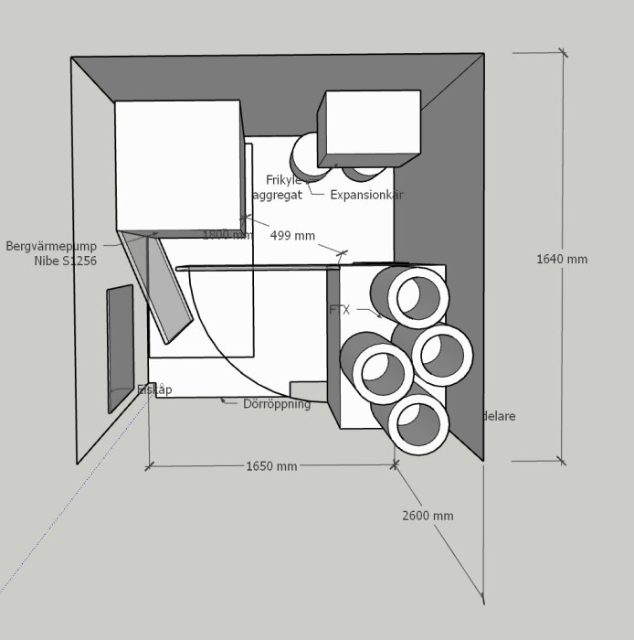 Planritning för teknikrum i enplansvilla med bergvärmepump, FTX-ventilation, frikyleaggregat och expansionskärl. Mått: 1640x2600 mm.
