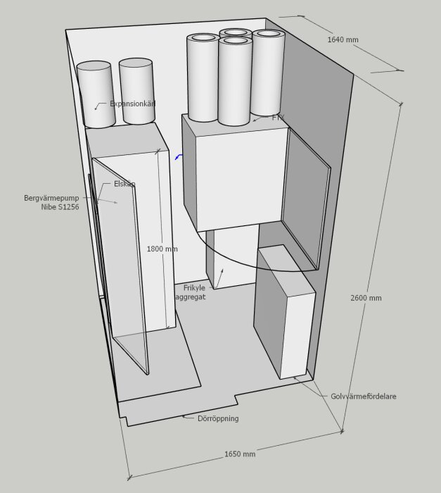 3D-modell av rumsplanering med FTX-aggregat, rördragning, bergvärmepump och olika komponenter för ett installationsprojekt.