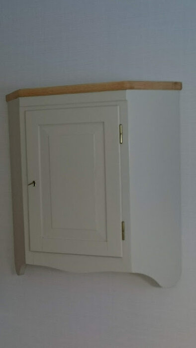 Väggskåp målat i vitt med en träskiva ovanpå, transformeras från tråkig furu till en elegant och unik möbel.