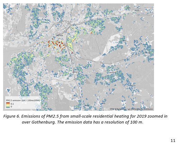 Karta över Göteborg som visar PM2.5-utsläpp från småskalig bostadsuppvärmning 2019, med olika färger för att indikera utsläppsnivåer.